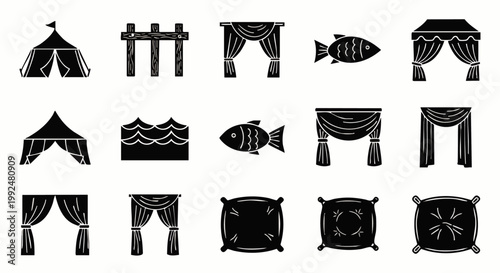 Diverse collection of black silhouette icons featuring tents, fences, elegant curtains, fish, waves, and pillows; versatile vector graphics for various design projects.