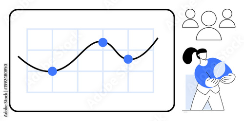 Data analysis, teamwork, statistics, collaborative research, business growth, strategic planning. Graph with trend line and person holding report. Data analysis and teamwork concept