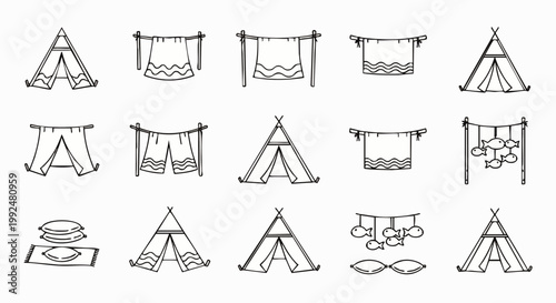 Hand-drawn illustrations of teepees, laundry on clotheslines, and pillows, representing camping, outdoor living, and simple comfort.