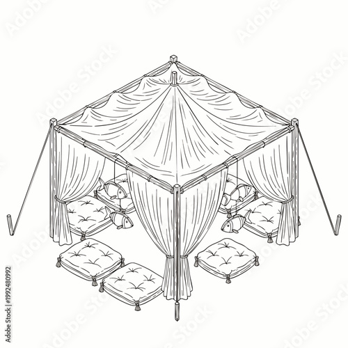 Hand-drawn sketch of a luxurious outdoor canopy tent with plush cushions, creating a cozy and inviting relaxation space.
