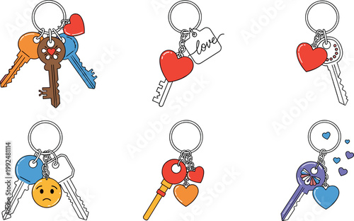 Cute keychain keys set with hearts and love elements, romantic hand drawn illustration isolated on white background for relationship concept