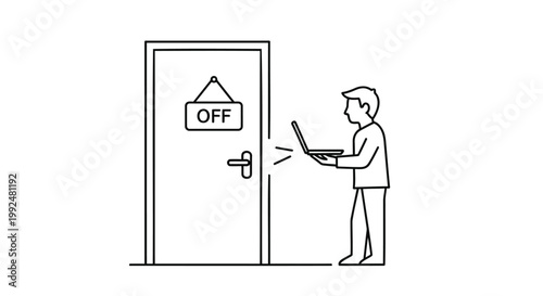 Businessman with laptop standing outside closed office door, OFF sign, line art style vector