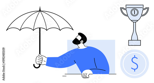 Business protection. A person holding an umbrella security, with financial and achievement icons. Business protection ensures financial safety, career excellence. Perfect for insurance, business