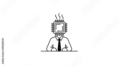 Businessman with computer processor head, overheating at work, technology concept, office worker