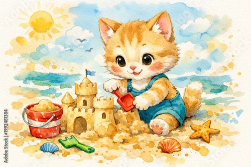 Adorable watercolor kitten building a sandcastle on a sunny beach with a bucket and seashells. concept of summer fun, playful activity, cute animal illustration.