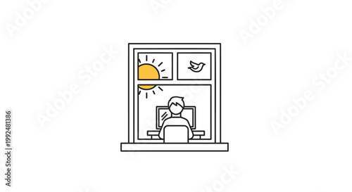 Morning routine, line icon, person sleeping, sunrise, simple vector