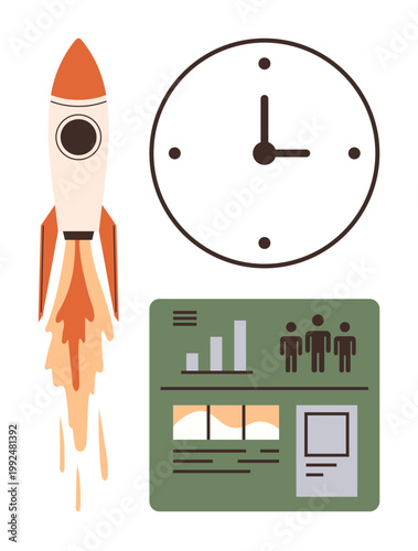 Business development, project management, time efficiency, productivity, data analysis, goal setting. Rocket launching, clock displaying time and infographic with charts. Business development