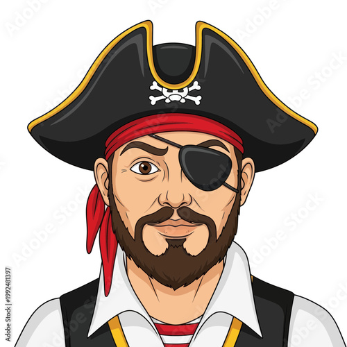 Cartoon Pirate Captain with Eyepatch and Beard, Ready for Adventure