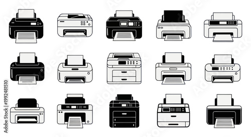 Set of Modern Printers, Office Equipment, Digital Devices, Vector Icons