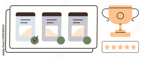 Product comparison, selection process, quality evaluation, product review, rating system, achievement. Three product boxes with check marks, trophy and five-star rating. Product review and rating