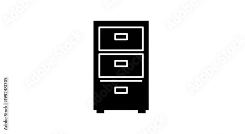 A black icon of a three drawer filing cabinet is presented on a.