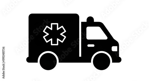 Ambulance vehicle with star of life symbol for emergency medical transport services.
