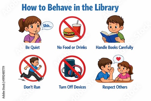 Illustrated guide on how to behave in the library for kids featuring key rules and behaviors for respectful library etiquette and usage