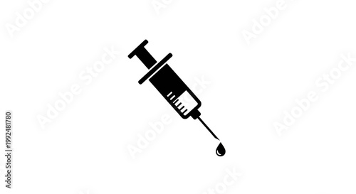 A black silhouette of a syringe with a drop of liquid falling from its needle.