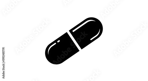 A simple black icon of a capsule representing medicine or a supplement on a.