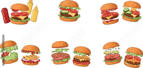 Delicious burger variations set with ingredients cheeseburgers fast food sandwiches vector illustration isolated design elements for menu
