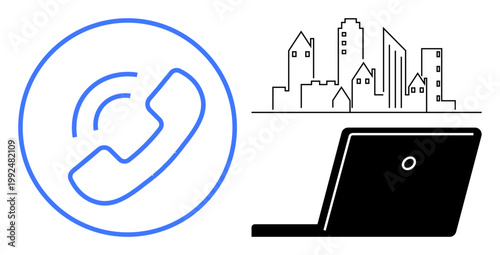 Communication, urban life, remote work, technology, business solutions, online connectivity. A phone icon, a laptop and city skyline outlines . Communication and urban life concept