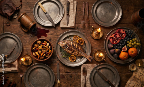 Konstfotografi Cinematic medieval banquet table top view with rustic dishes and candles