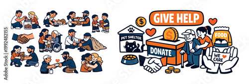 Diverse people helping others with donations, food, and support for pets