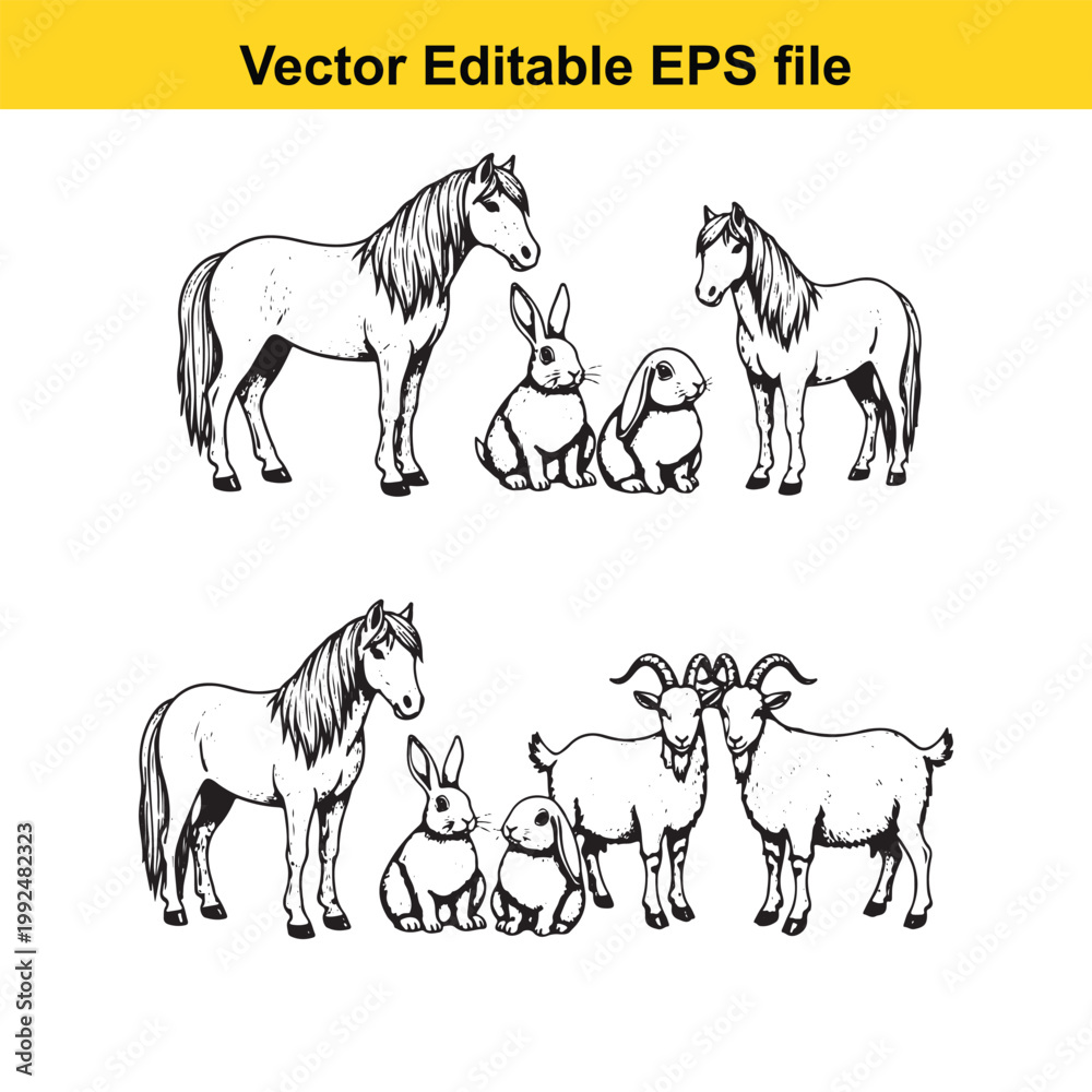 Fototapeta premium Vector illustration of horse, rabbits, and goats in two groups