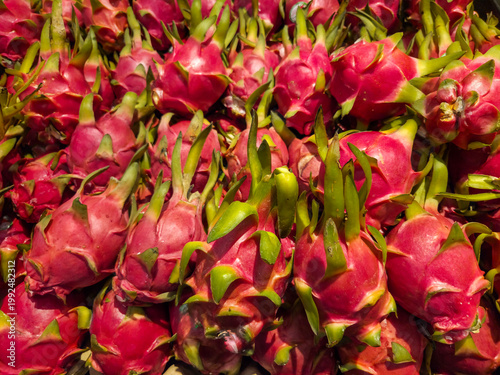 A tray of pink Asian Pitahya dragon fruit in a fruit market