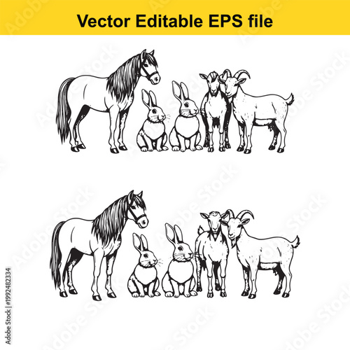 Vector illustration of horse, rabbits, and goats in two groups