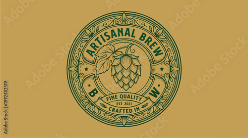 Artisanal Brew Vintage Beer Label Design with Hop Cone Illustration.