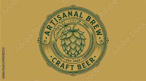Artisanal Craft Beer Logo with Hop Cone Design.