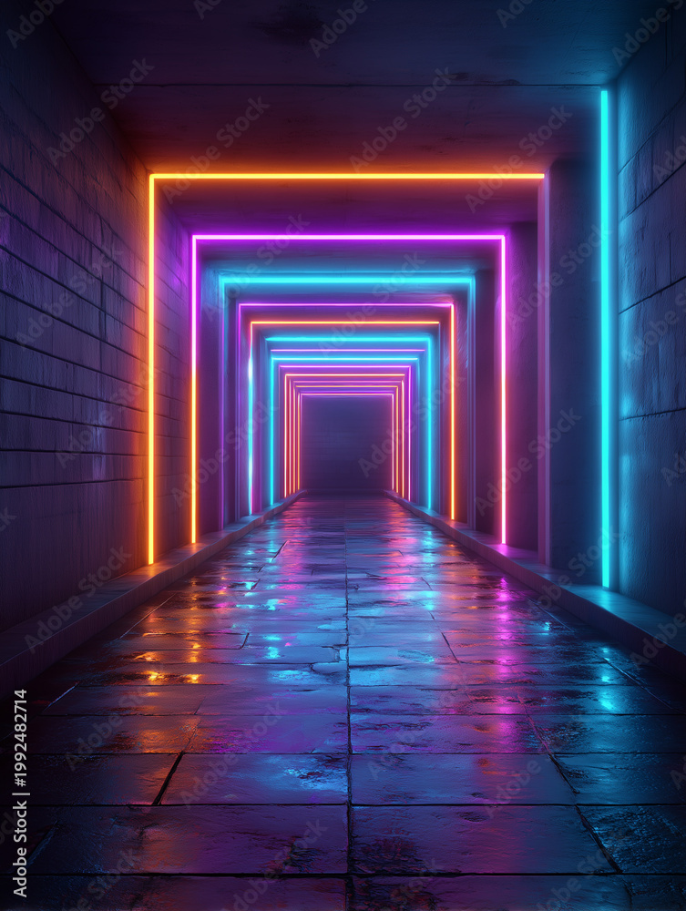 Fototapeta premium Neon glowing geometric tunnel creating futuristic cyberpunk light path