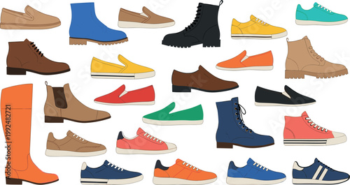 Footwear collection vector with boots sneakers loafers sandals and casual shoes fashion illustration set