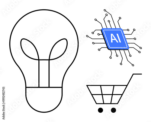 E-commerce innovation, AI technology, digital transformation, online shopping, creative solutions, future retail. Light bulb, AI chip shopping cart. E-commerce innovation and AI technology