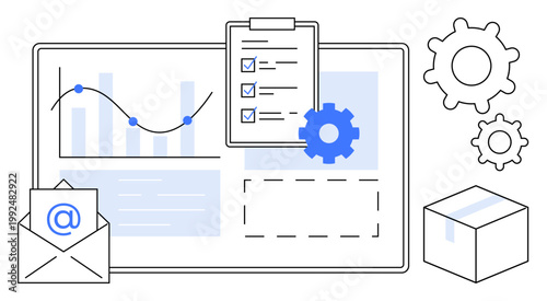 Business planning, workflow tools, project management, logistics, data analysis, email communication. Charts, checklist gears email icon and package displayed. Data analysis and workflow tools