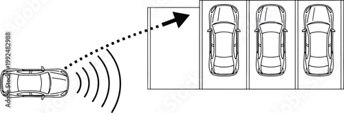 Autonomous car parking system graphic illustrating smart sensor technology and vehicle assistance
