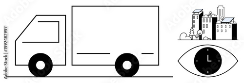 Urban logistics, sustainable transportation, time management, delivery services, shipping solutions, smart cities. Truck, city buildings with solar panels clock inside an eye. Urban logistics