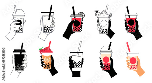 Hand holding bubble tea, diverse styles and flavors, modern illustration
