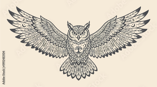 Detailed Owl Illustration with Wings Spread Wide.