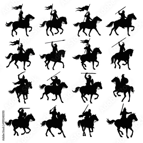 Medieval Knights Silhouette Collection: Horseback Warriors with Flags and Spears
