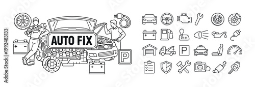Automotive service illustration with mechanics and car repair icons