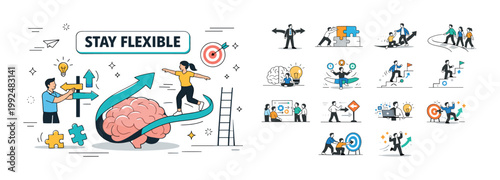 Business growth and adaptation concepts with diverse team illustrations