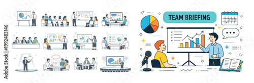 Business presentation and team meeting illustrations in a modern flat style
