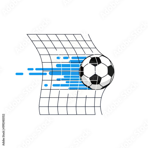 Soccer ball breaking through net, goal, motion blur, dynamic sports illustration