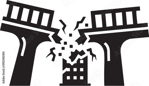 Collapsed bridge infrastructure over building silhouette icon