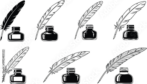 Set of eight antique quill pen and inkwell vector illustrations for writing and artistic design