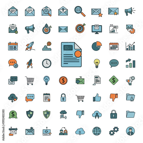 Comprehensive Collection of Business and Marketing Flat Line Icons.