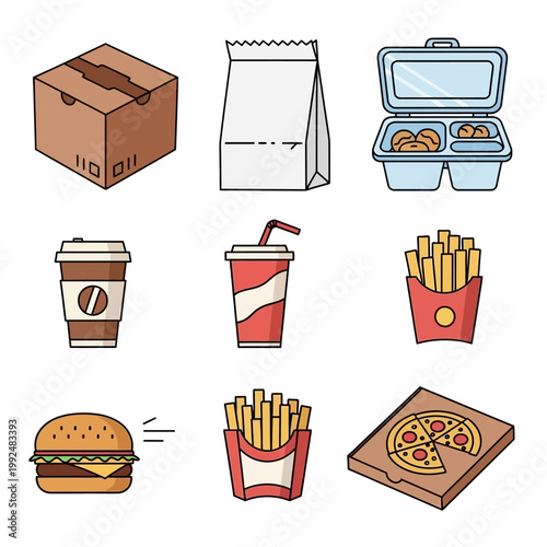 Collection of Fast Food Items and Packaging for Delivery.