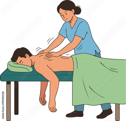 Therapist giving a relaxing back massage to a client lying face down on a massage table in a spa setting.