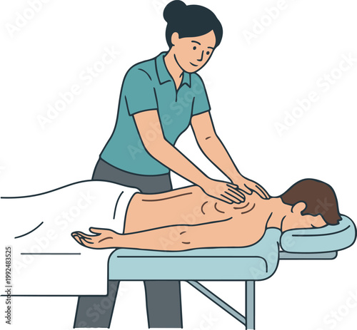 Male massage therapist performing a back massage on a client lying face down on a treatment table in a wellness or spa setting.