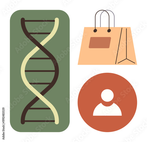 Genetics, personal identity, e-commerce, anthropology, data analysis, consumer behavior. DNA strand, shopping bag user icon in abstract layout. Genetics and personal identity conceptual visuals