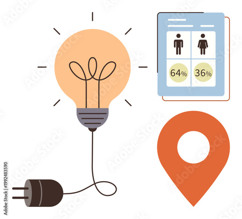 Innovation, data analysis, gender demographics, creativity, location tracking, electricity concepts. Light bulb with cord, gender ratio chart location pin icon. Innovation and data analysis