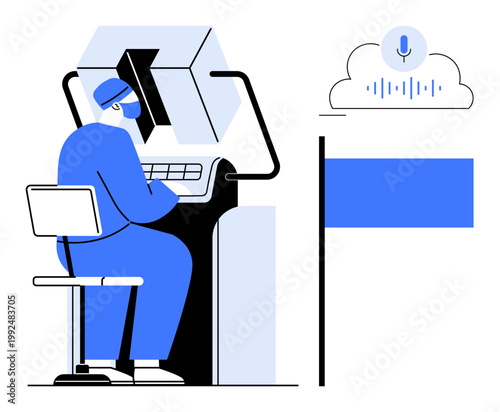 Artificial intelligence, voice recognition, cloud computing, technology design, workplace efficiency, data management. Worker using a system with cloud voice input. Focus on AI and workplace